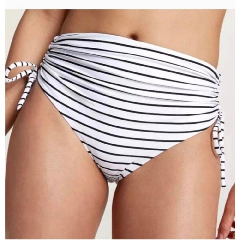 CALIA Costal Striped High Waisted Ruched Bikini Bottom with Side Ties